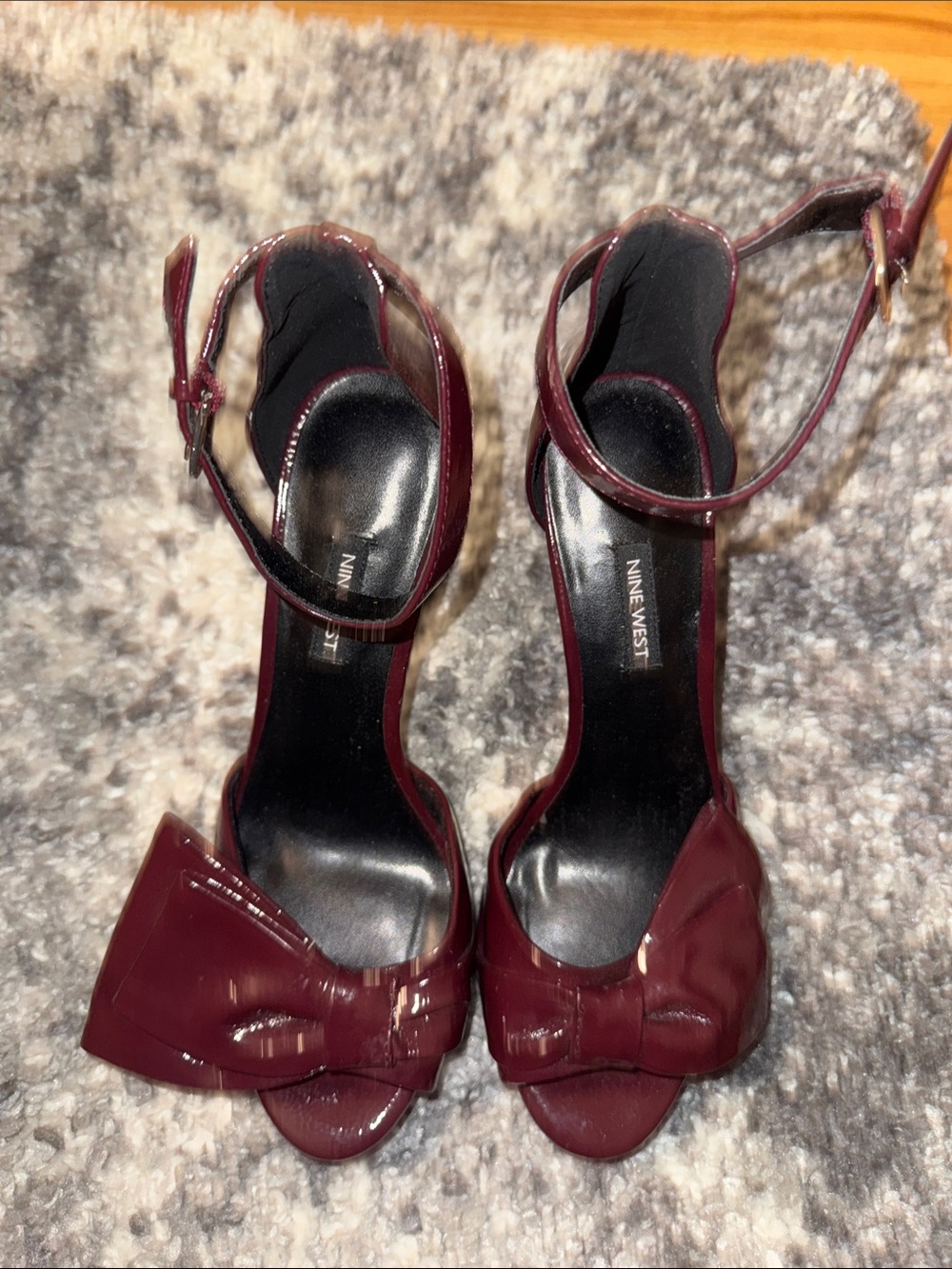 Nine West Burgundy Patent Ankle-Strap Heels with Bow Accent